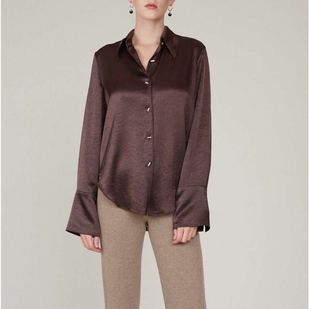 Nanushka Mandine Satin Long Sleeve Pearl Button Front Blouse in Brown Classic